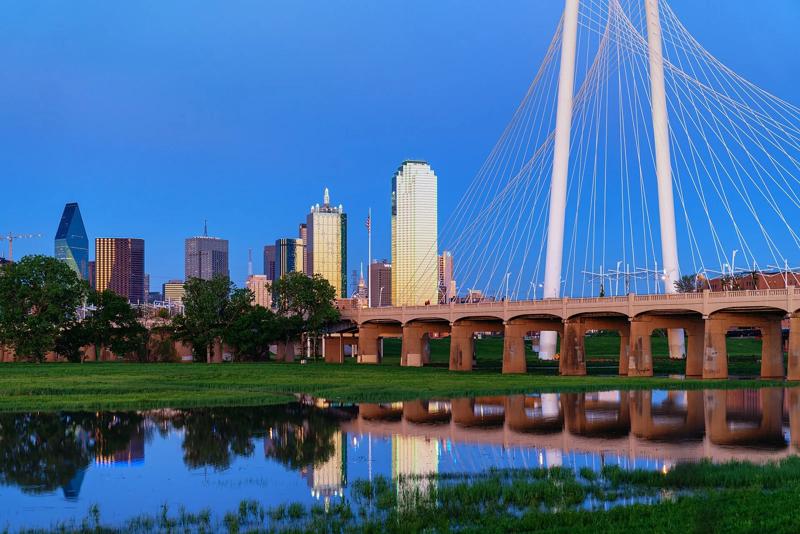 Dallas skyscrapers and the Margaret Hunt Hill Bridge reflected in the Trinity River at dusk